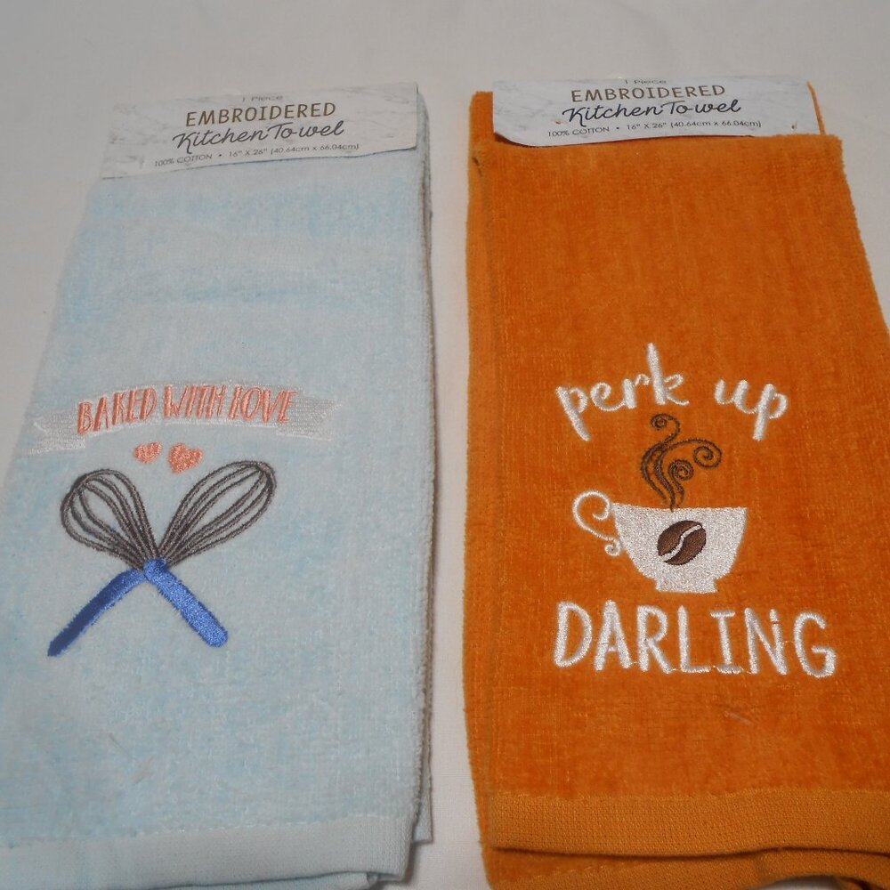 LOT 2 NEW EMBROIDERED KITCHEN TOWELS: PERK UP DARLING & BAKED WITH LOVE 16X26"